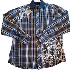 English Laundry Christopher Wicks Shirt Mens XL Black White Plaid Embroidered